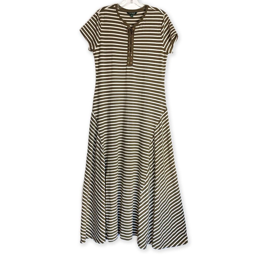 Lauren Ralph Lauren Olive Green and White Striped Maxi Dress